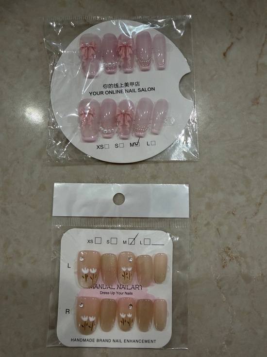 Other - Pink Bow French Press-On Nails + Nude Floral Set of 2 size medium